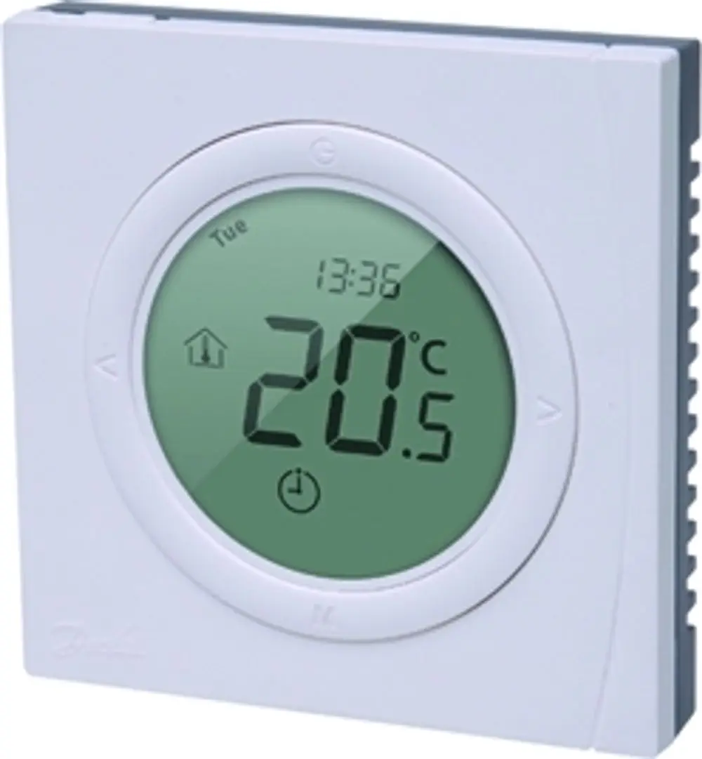 Wolf Raumthermostat mit digitalem Display, Temperaturanzeige von 20,5 °C, Uhrzeit und Wochentagsprogrammierung. In kompaktem, weißen Design.